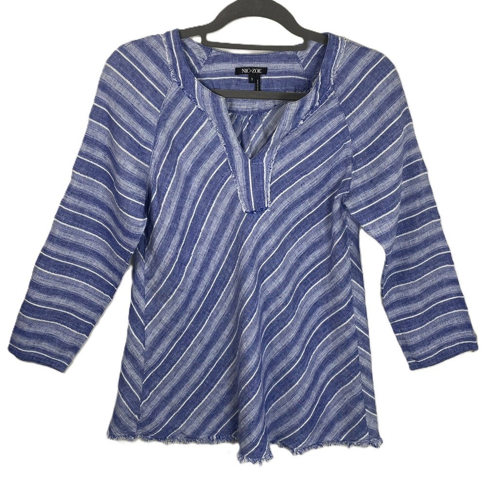 NIC+ZOE Small Blue Stripe Linen Tunic Top Raw Hem Boho Coastal V-Neck Raglan